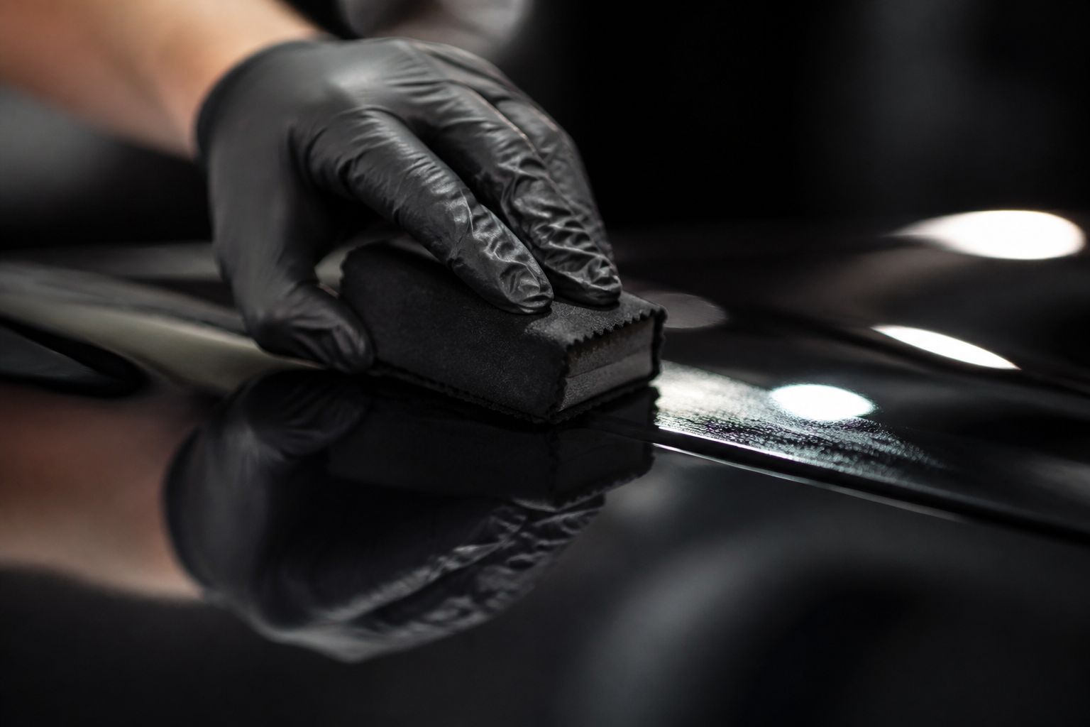 A detailer's gloved hand applying ceramic coating to glossy black paint