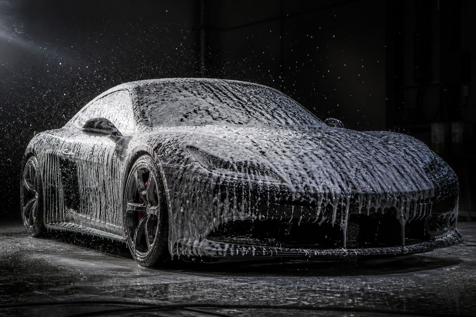 A luxury car covered in thick foam during the two-bucket wash stage
